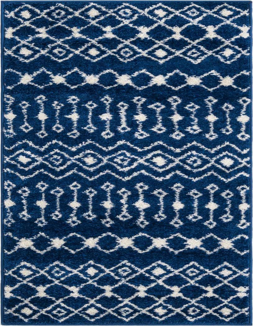 A 5 ft runner rug in navy blue with a white bohemian trellis pattern, featuring a medium pile.