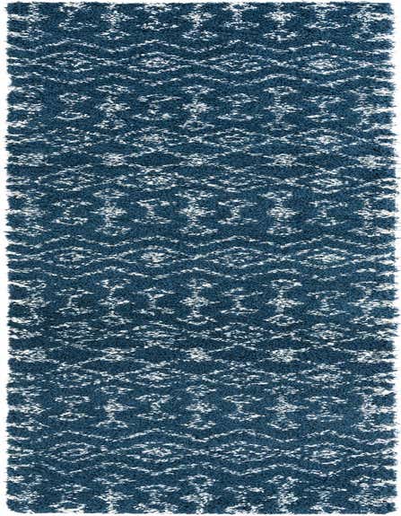 A long 12 ft runner rug featuring a plush navy blue shag pile with a modern tribal pattern in white, ideal for hallways.