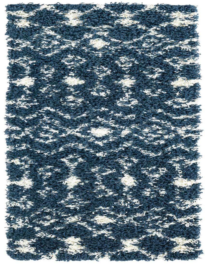 A 5 ft runner rug featuring a plush, textured shag pile in navy blue with an abstract white tribal pattern.