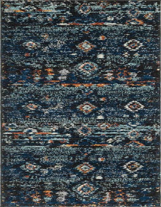A 10 ft runner rug in a bohemian, tribal, and abstract pattern with shades of navy blue, light blue, orange, and white.