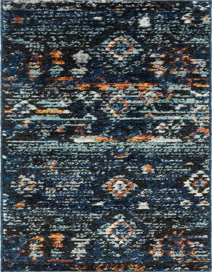 A 6 ft runner rug with a bohemian, tribal pattern in shades of navy blue, light blue, orange, and white.
