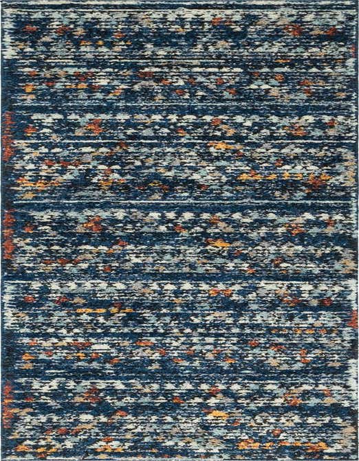 A 10 ft runner rug in a bohemian, Southwestern style featuring shades of navy blue, light blue, white, and orange with a high, textured shag pile.