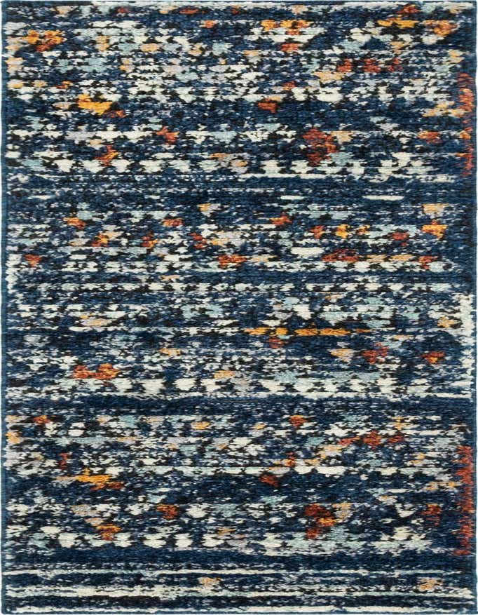A 6 ft runner rug from the Morocco collection, featuring a navy blue base with bohemian and tribal patterns in white, light blue, and orange.
