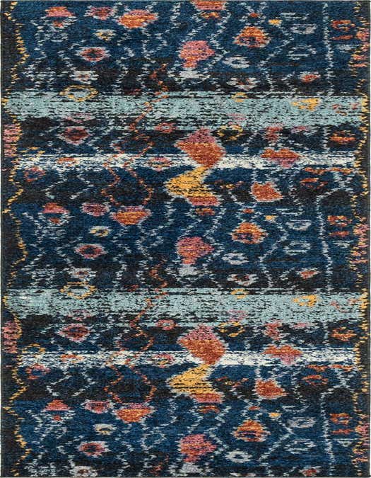 A 10 ft runner rug featuring a rich navy blue base with abstract bohemian patterns in orange, pink, light blue, and yellow, ideal for a hallway.
