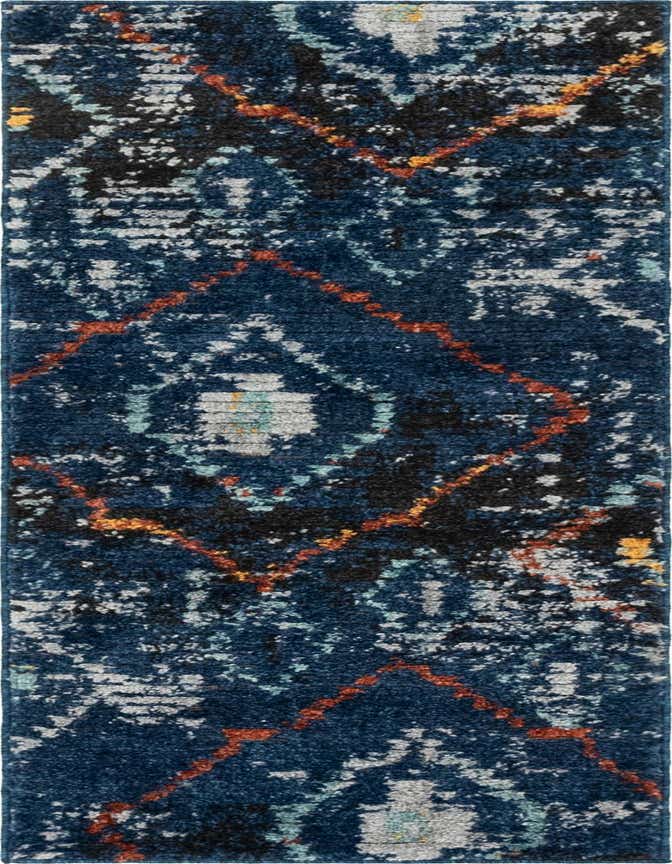 A 6 ft runner rug with a bohemian abstract pattern in shades of navy blue, grey, black, orange, and light blue.