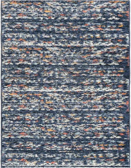 A 12 ft runner rug from the Morocco collection, featuring a textured shag pile with a Southwestern and Bohemian pattern in shades of navy blue, white, orange, and light blue.