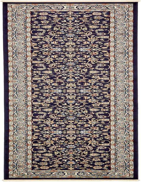 A 13 ft traditional runner rug featuring a navy blue field with intricate floral and vine patterns in cream, gold, and light blue, bordered by a detailed cream and blue design.