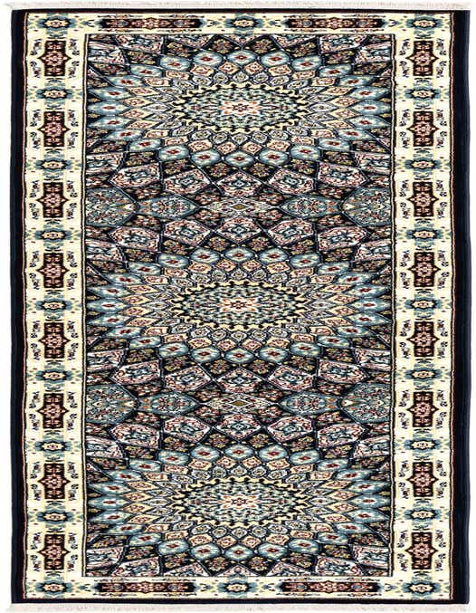 A long 8 ft runner rug with a traditional medallion pattern in shades of navy blue, light blue, and cream, ideal for a hallway.