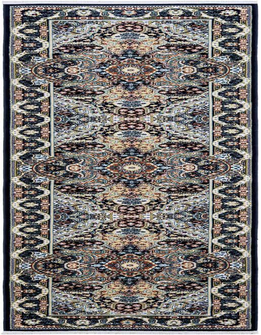 A 10 ft runner rug in traditional Oriental style, featuring an intricate navy blue, cream, and gold medallion pattern with a thin pile.