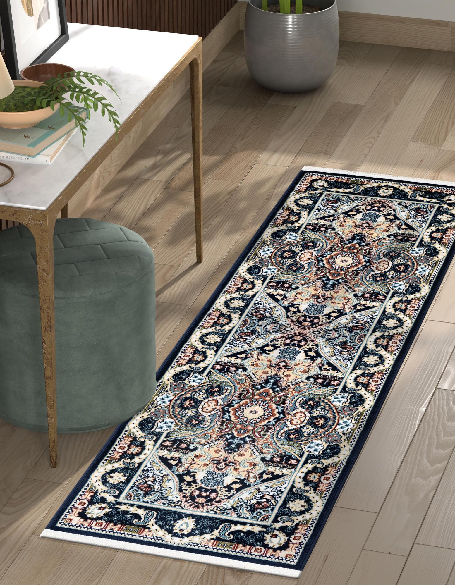 Navy Blue 2' x 6' 1 Nain Design Runner Rug | Rugs.com