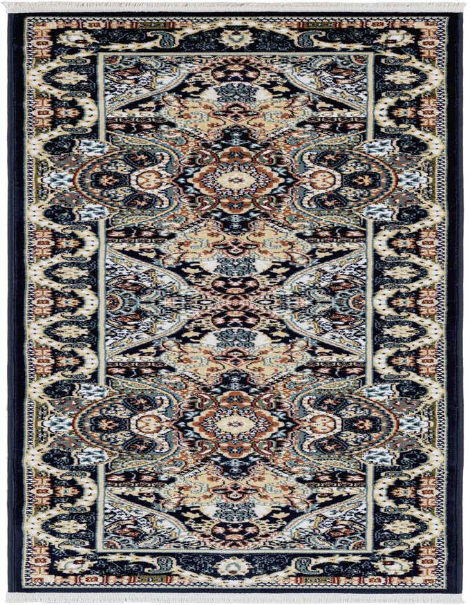 A 6 ft runner rug with a traditional Oriental pattern in shades of navy blue, cream, and hints of rust and teal, ideal for a hallway.