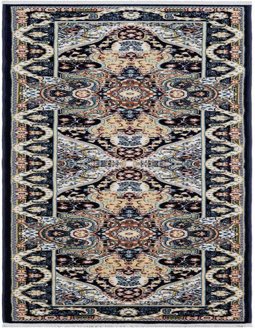 An 8 ft runner rug featuring a traditional Oriental pattern in navy blue, cream, and gold tones, ideal for a hallway.