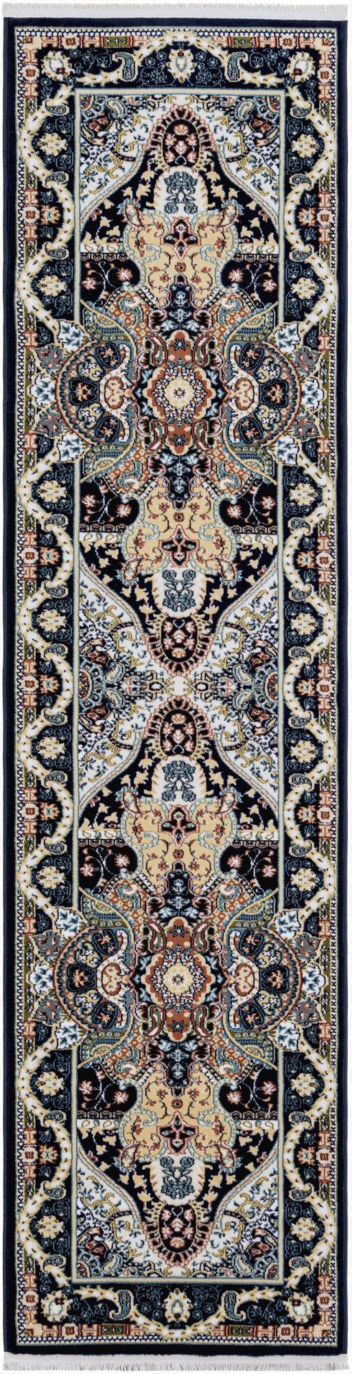 An 8 ft runner rug featuring a traditional Oriental pattern in navy blue, cream, and gold tones, ideal for a hallway.