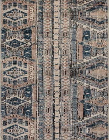 A 12 ft runner rug with a distressed Bohemian pattern in shades of blue, beige, and brown, ideal for a hallway.