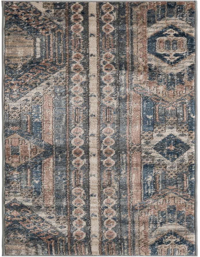A 6 ft runner rug with a distressed Bohemian and Southwestern pattern in shades of blue, beige, and brown, ideal for a hallway.