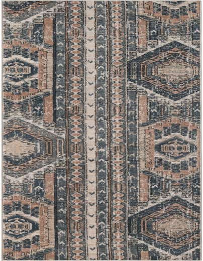 A 13 ft runner rug featuring a distressed Southwestern and modern stripe pattern in shades of navy blue, light blue, beige, and terracotta.