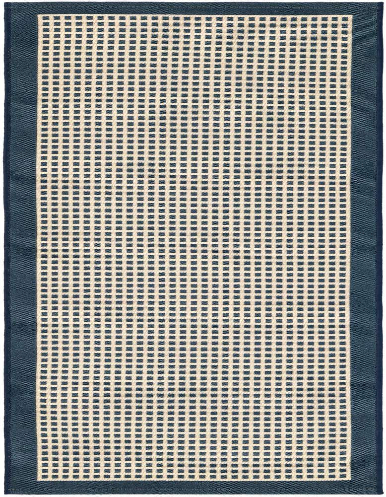 A 5 ft runner rug with a modern grid pattern in navy blue and cream, featuring a solid navy blue border.