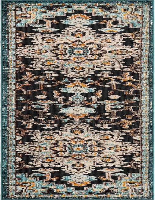A 10 ft runner rug featuring a modern pattern in blues, beige, and orange on a black background, with a teal border, suitable for a hallway or patio.