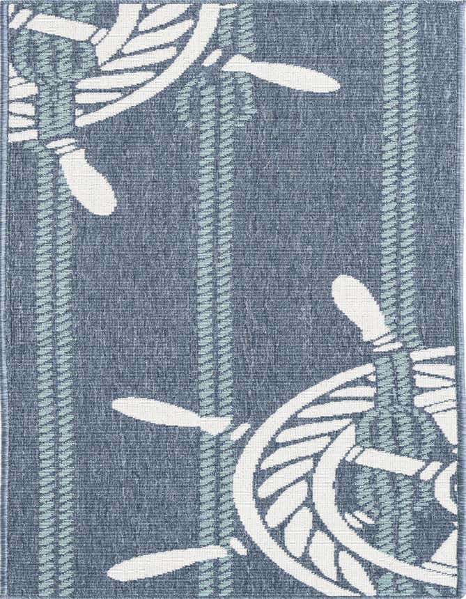 A navy blue runner rug with a coastal design featuring white ship wheels and light blue rope patterns, ideal for a hallway or patio.