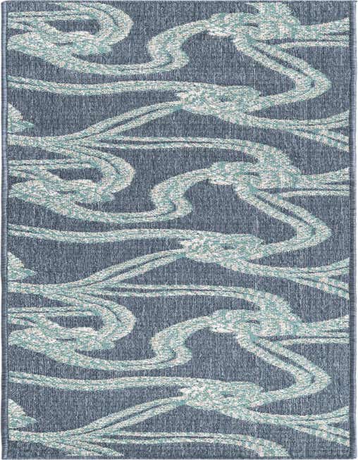 A navy blue 8 ft runner rug with a repeating light blue and white nautical rope knot pattern, suitable for a hallway or patio.