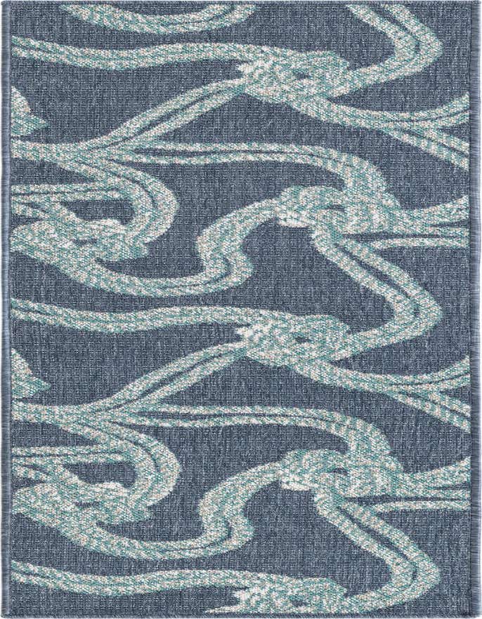 A 6 ft runner rug with a navy blue background and a light blue and white nautical rope pattern, ideal for a hallway or patio.
