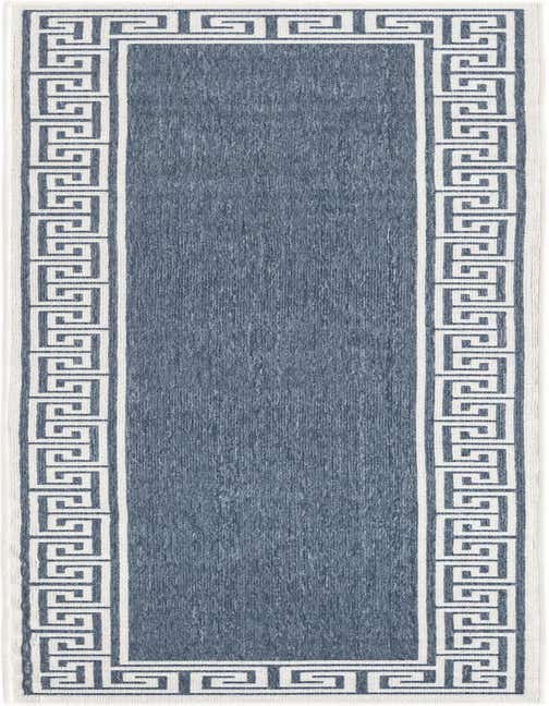 A navy blue 8 ft runner rug with a white Greek key border, perfect for a hallway or patio.
