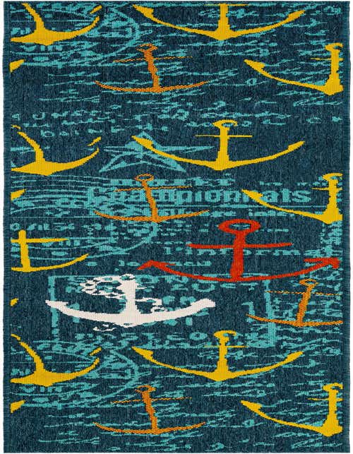 A navy blue 8 ft runner rug with a modern beach/nautical pattern of yellow, orange, and white anchors, suitable for indoor/outdoor use.