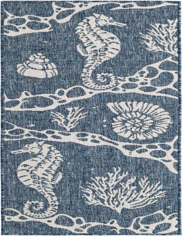 A navy blue and white coastal runner rug featuring seahorses, coral, and seashells, perfect for a hallway or patio.