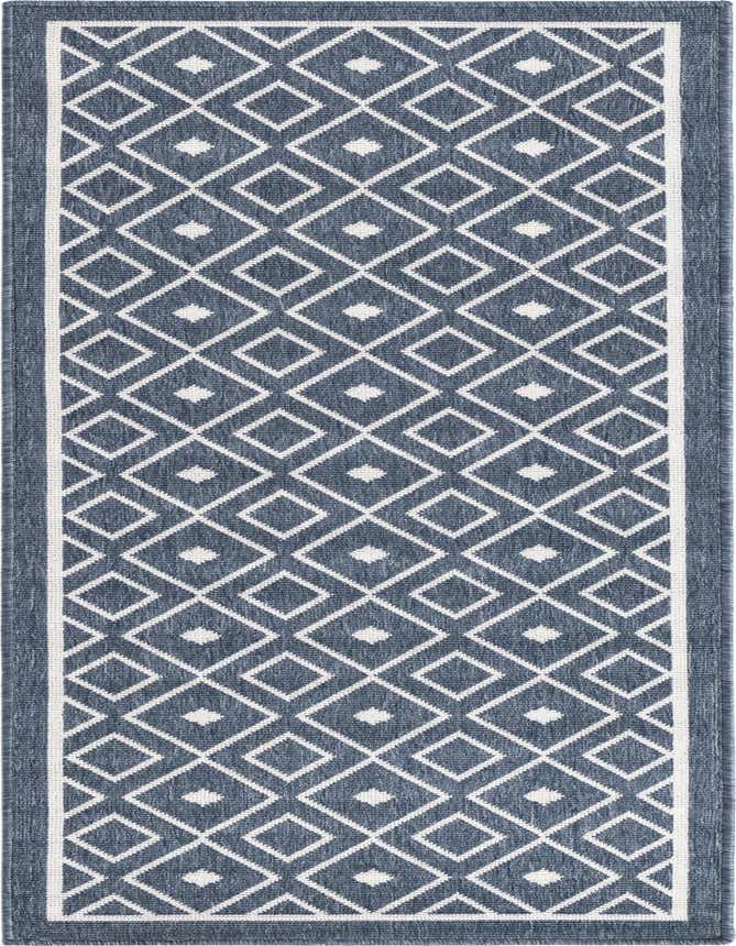 A 6 ft runner rug featuring a repeating white diamond lattice pattern on a deep blue background, with a solid blue border.