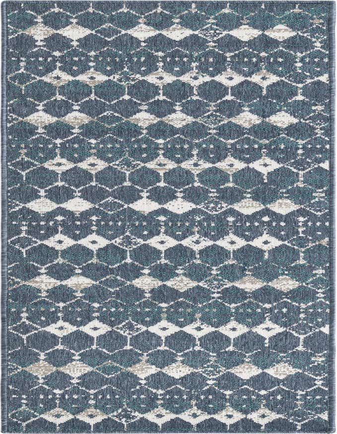 A 6 ft runner rug featuring a transitional geometric pattern in shades of navy blue, teal, and off-white, suitable for indoor/outdoor use.