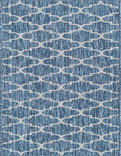 A blue and white 8 ft runner rug with a modern trellis pattern, suitable for indoor or outdoor use.