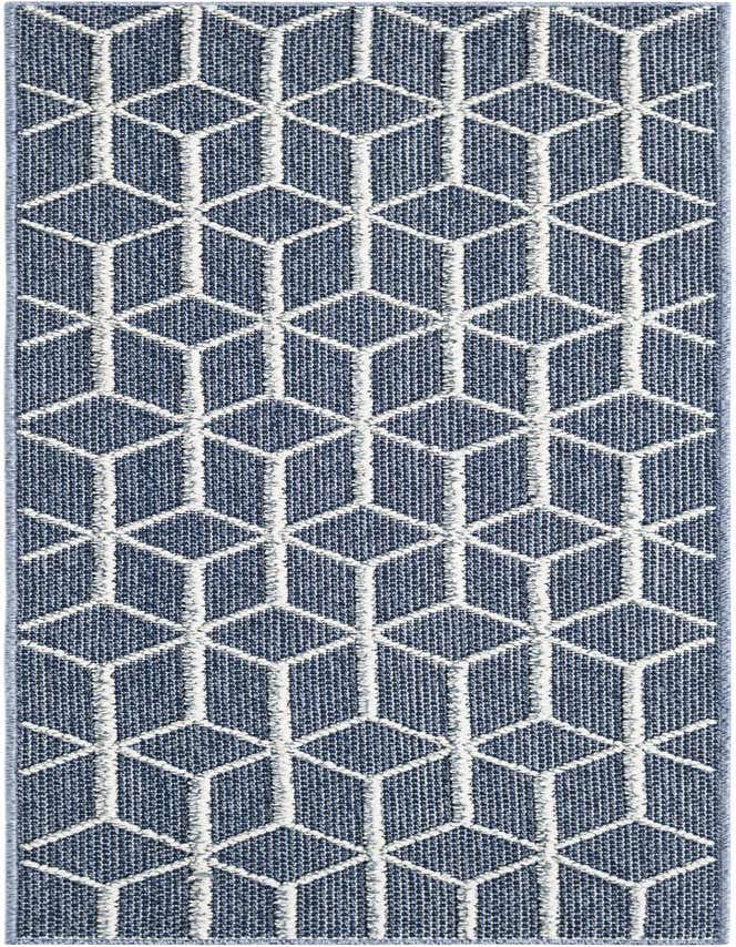 A 6 ft runner rug with a modern navy blue and white trellis pattern, suitable for indoor or outdoor use.