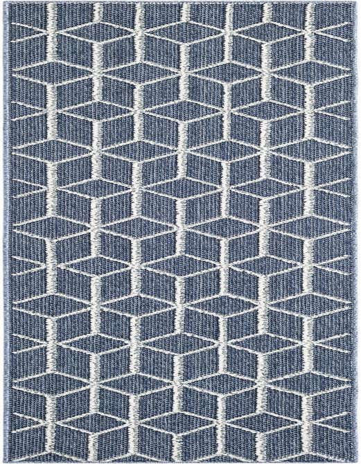 A navy blue 8 ft runner rug with a repeating white geometric trellis pattern, suitable for a hallway or patio.
