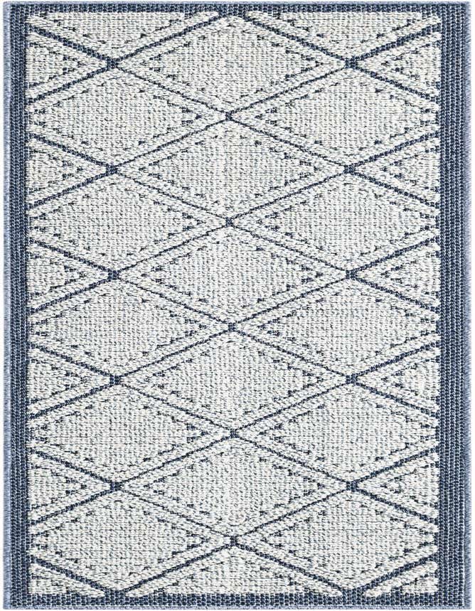 A 6 ft runner rug with a modern navy blue and white geometric lattice pattern, suitable for indoor or outdoor use.