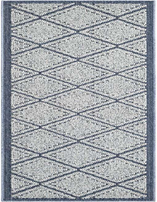 A navy blue and white 8 ft runner rug with a modern lattice pattern, perfect for a hallway or patio.