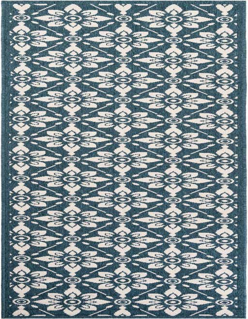 A 10 ft runner rug featuring a repeating modern floral pattern in navy blue and off-white, suitable for a hallway or patio.
