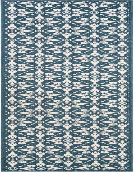 A 12 ft runner rug with a repeating modern floral pattern in navy blue and off-white, suitable for hallways or patios.