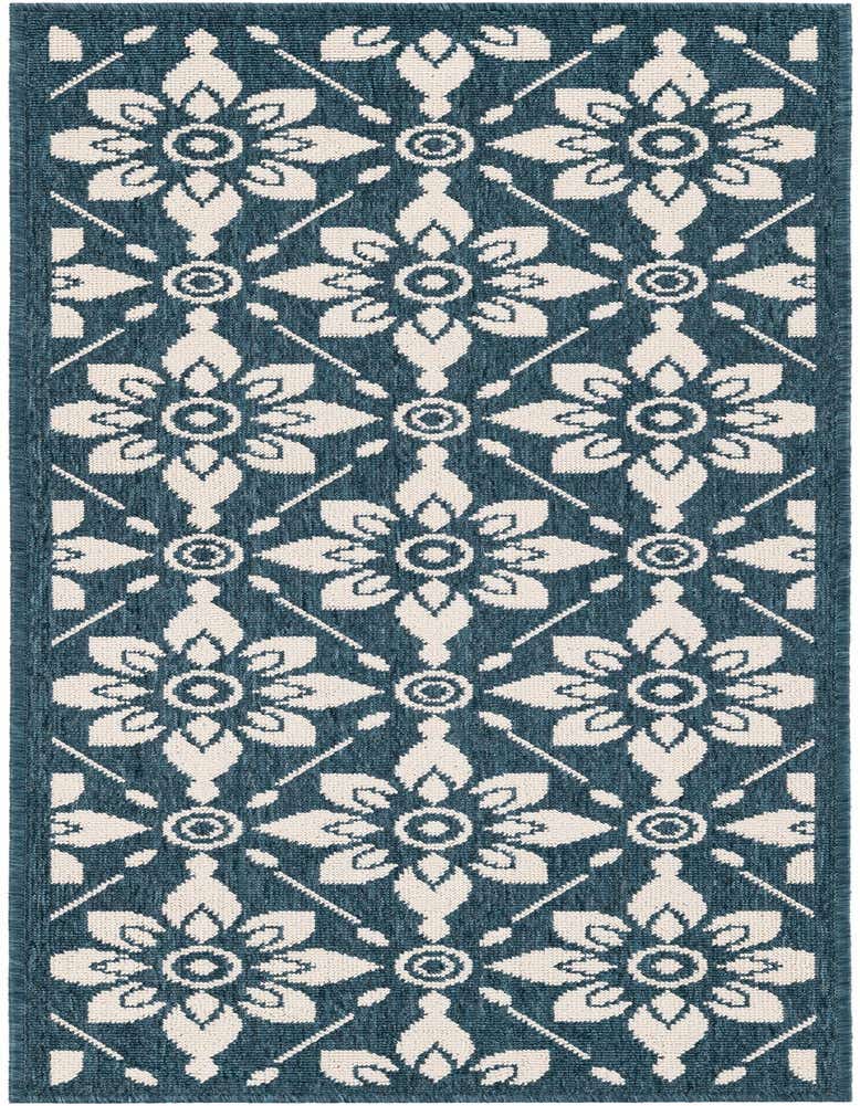 A 5 ft runner rug in navy blue with a repeating cream floral lattice pattern, suitable for a hallway or patio.