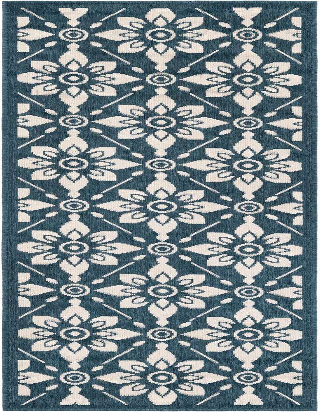 A 6 ft runner rug featuring a repeating modern floral pattern in navy blue and off-white, suitable for hallways or patios.