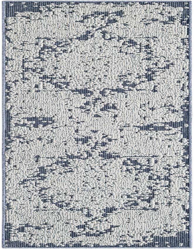 A 6 ft runner rug with a distressed traditional medallion pattern in navy blue and off-white, suitable for indoor or outdoor use.