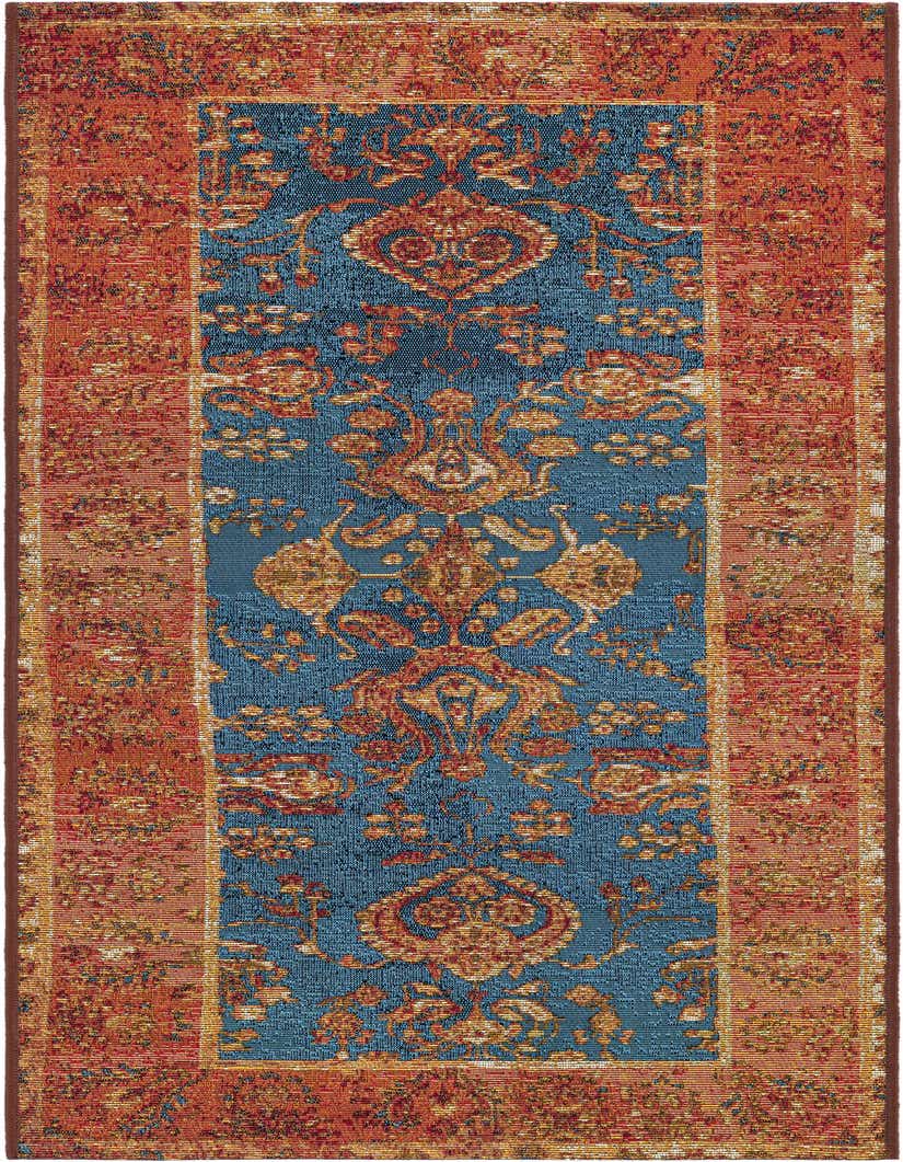 A 5 ft runner rug with a navy blue center panel featuring gold and rust traditional Oriental patterns, bordered by a rust-orange band with similar motifs, suitable for a hallway or patio.