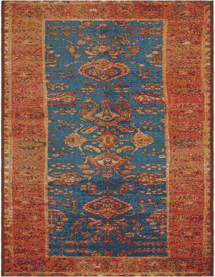 A 6 ft runner rug with a central navy blue field featuring an orange and gold traditional oriental pattern, bordered by a wide orange frame with intricate designs.