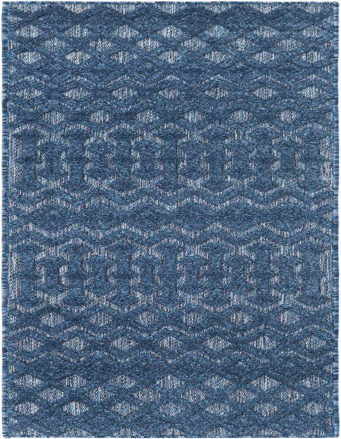 A 6 ft runner rug featuring a textured high/low pile in shades of navy blue, with a modern tribal trellis pattern, suitable for a hallway or patio.