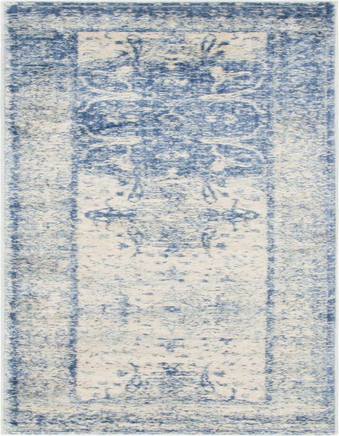 A 6 ft runner rug in a distressed navy blue and cream traditional pattern, perfect for a hallway or kitchen.