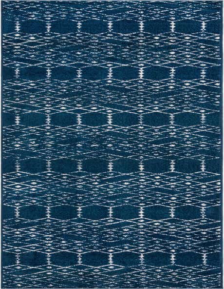 A 13 ft Paxon Trellis runner rug in deep navy blue with a distressed white tribal trellis pattern, ideal for a hallway.