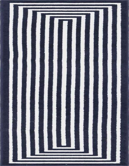 A navy blue and white striped runner rug with a modern geometric border, perfect for a hallway or patio.