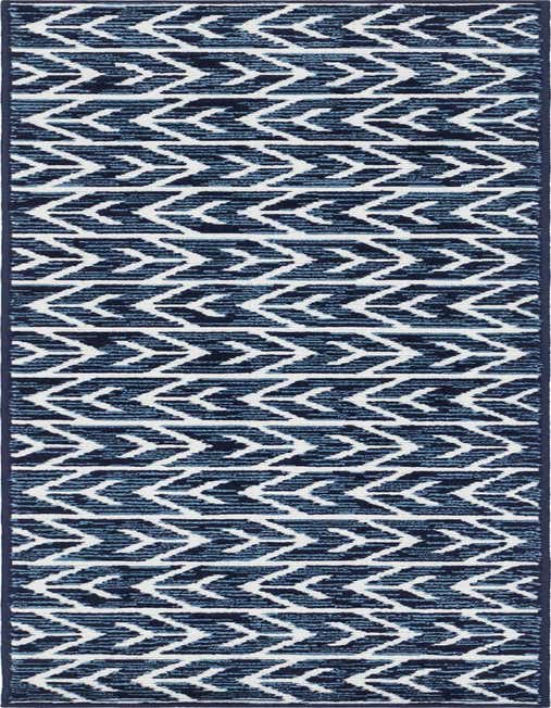 A navy blue and white 8 ft runner rug with a modern Southwestern tribal pattern, ideal for a hallway or patio.