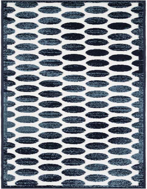 A modern 8 ft runner rug with an abstract pattern of varying blue circles on a white background, suitable for indoor/outdoor use.