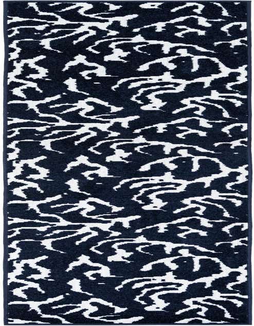 A navy blue and white modern runner rug with an abstract, organic pattern, suitable for a hallway or patio.