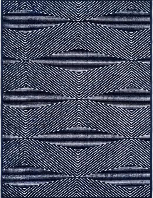 A 10 ft runner rug featuring a modern geometric pattern of white outlined triangles on a dark navy blue background, suitable for hallways or patios.